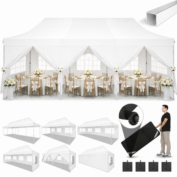 COBIZI 10x30 Pop Up Canopy Tent with 8 Sidewalls, Waterproof 2000mm UPF 50 Instant Outdoor Gazebo, Ez Setup for Party, Wedding, Trade Show, Includes Roller Bag, Sandbags & Stakes, White