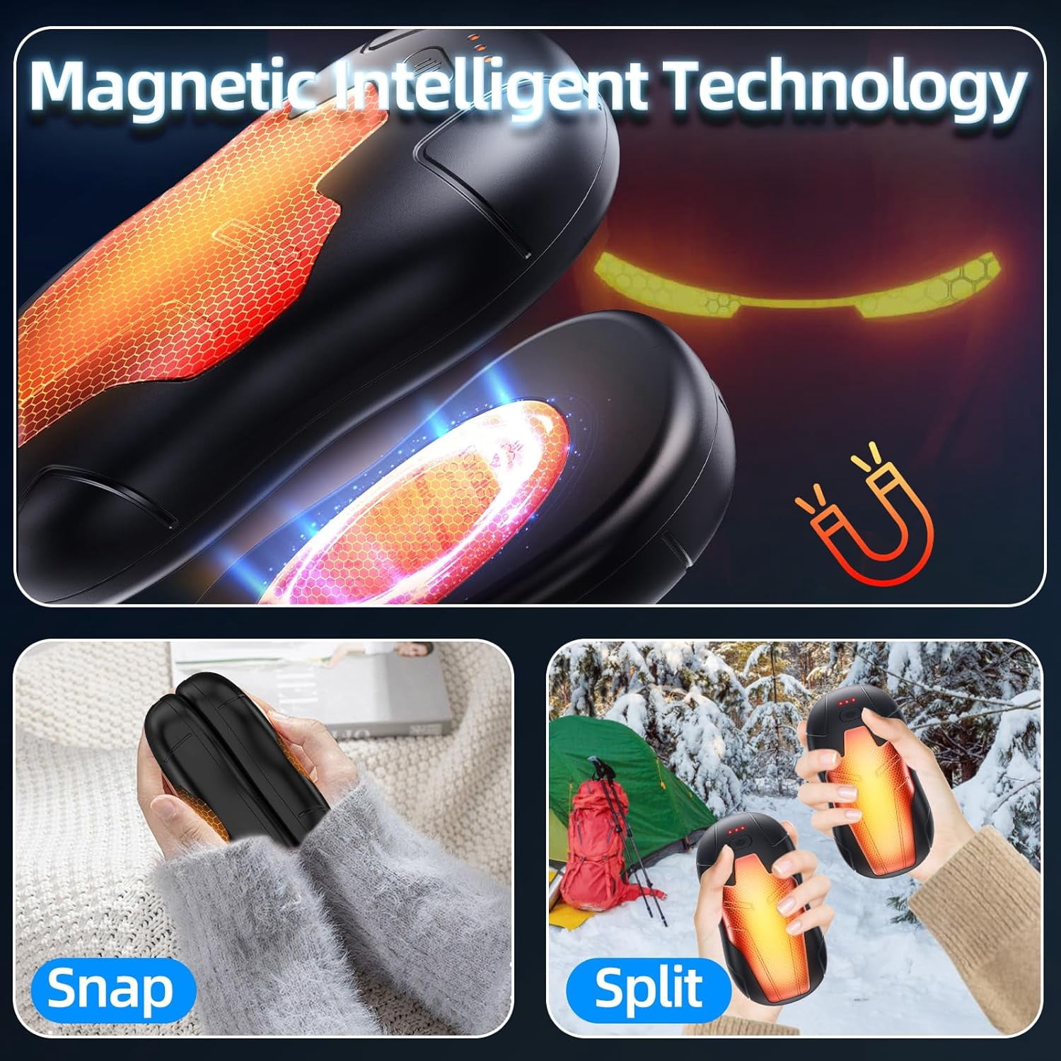 Hand Warmers Rechargeable 2 Pack,FANDLISS 10000mAh Magnetic Double Side Heating, Electric Hand Warmers 3 Levels Lasting Heat,Outdoor Heater Men Women Present for Christmas,Camping,Hunting