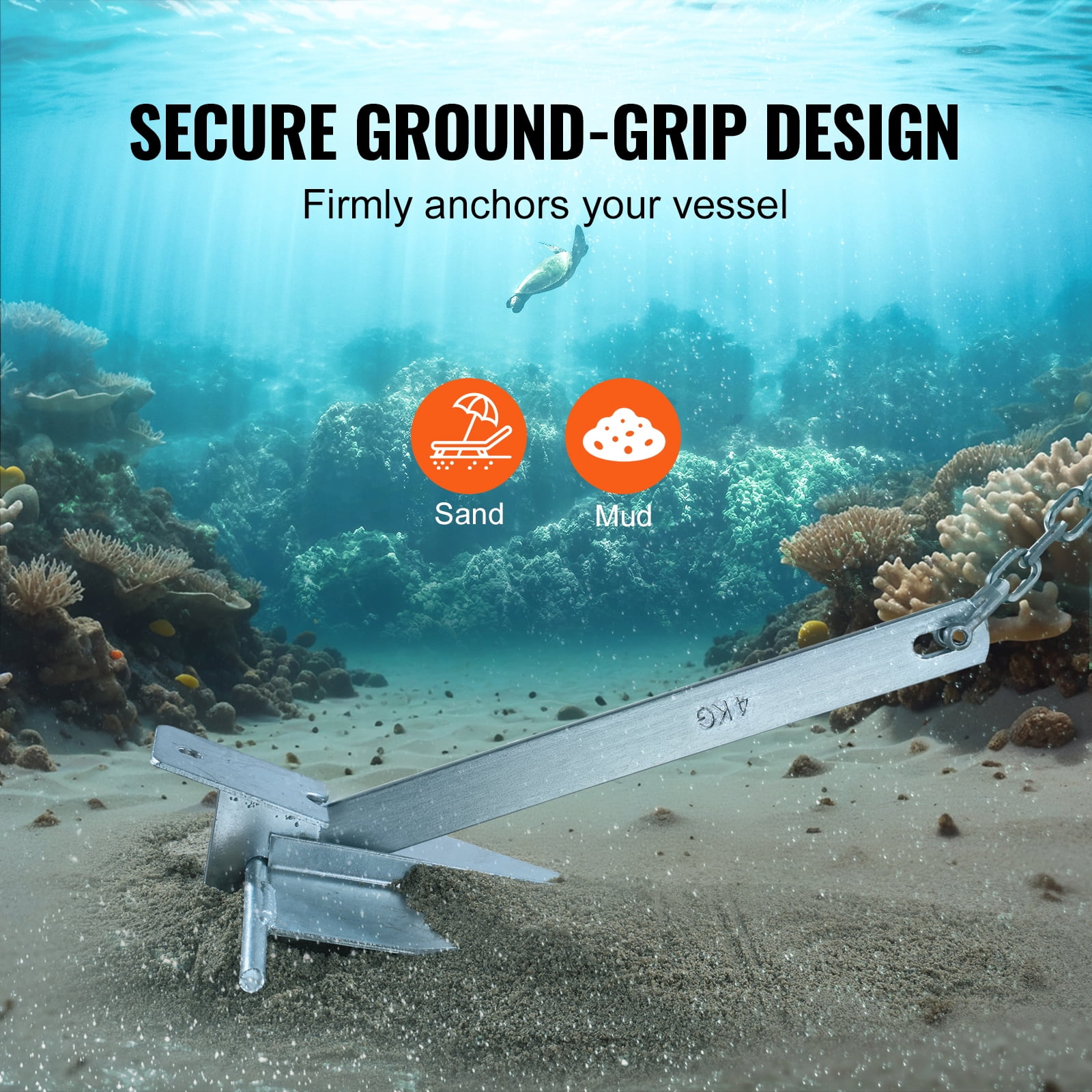 KFFKFF Fluke Design Anchor Set, 8.5 LBS Galvanized Steel Anchor with 7.9' Chain, 75' Rope & Two 0.4" Shackles, Suitable for Boats Under 18', for Use in Seas, Rivers & Coastal Areas