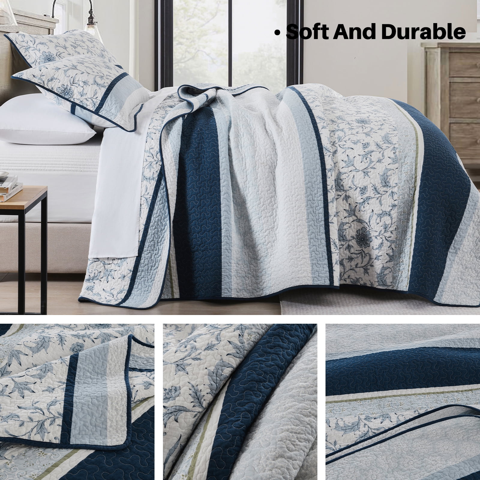 Bedduvit Floral Blue Queen Quilt - 100% Cotton Striped Patchwork Reversible Navy/Blue Queen Size Quilt, Lightweight Summer Botanical Flower Print Bedspread, Vintage Bedding Set for Queen Bed, 98x90