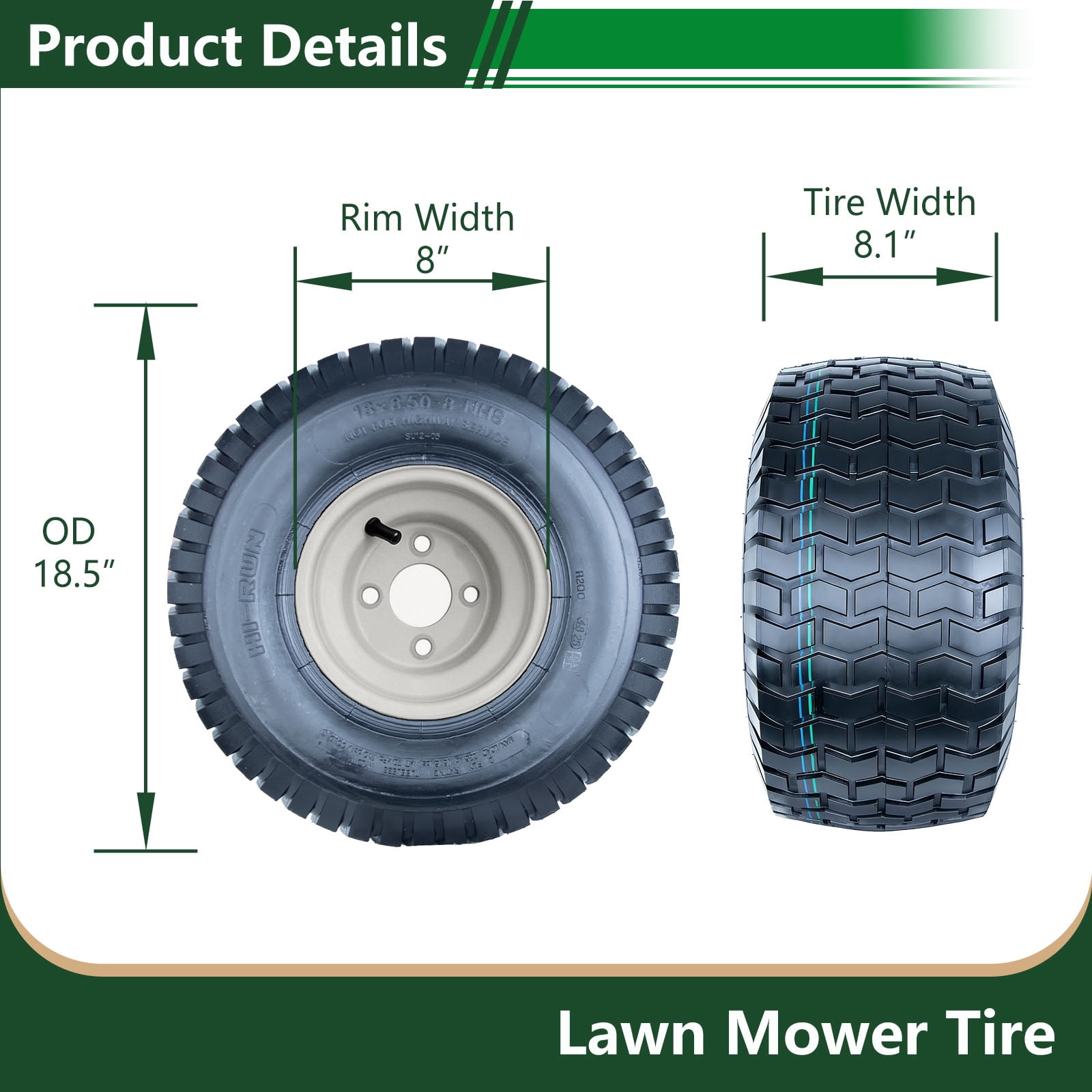 Hi-Run 2 Set SU12 18x8.50-8 2PR Lawn & Garden Tire & 8X7 4 Lugs on 4" PCD Wheel Assembly Fits 18X8.5-8, 18X8.5X8