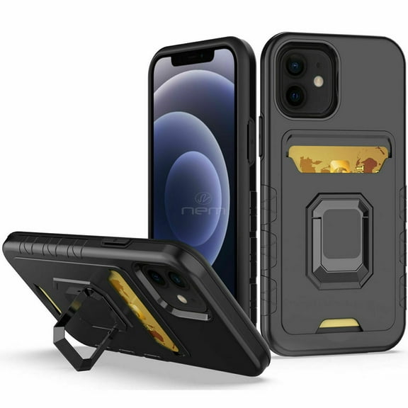 For Apple iPhone 13 Pro 6.1 inch Dual Layer Shockproof Protective Magnetic Ring Stand Car Mount w. Card Holder Hybrid Case Cover Black