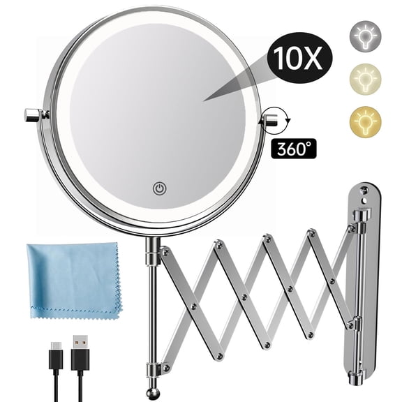FUNTOUCH Rechargeable Wall Mounted Makeup Mirror - 8" Double Sided 1X/10X Magnifying Mirror with 3 Color Lights Dimmable Touch Screen, 360°Swivel 19.6" Retractable Accordion Bathroom Mirror - Chrome