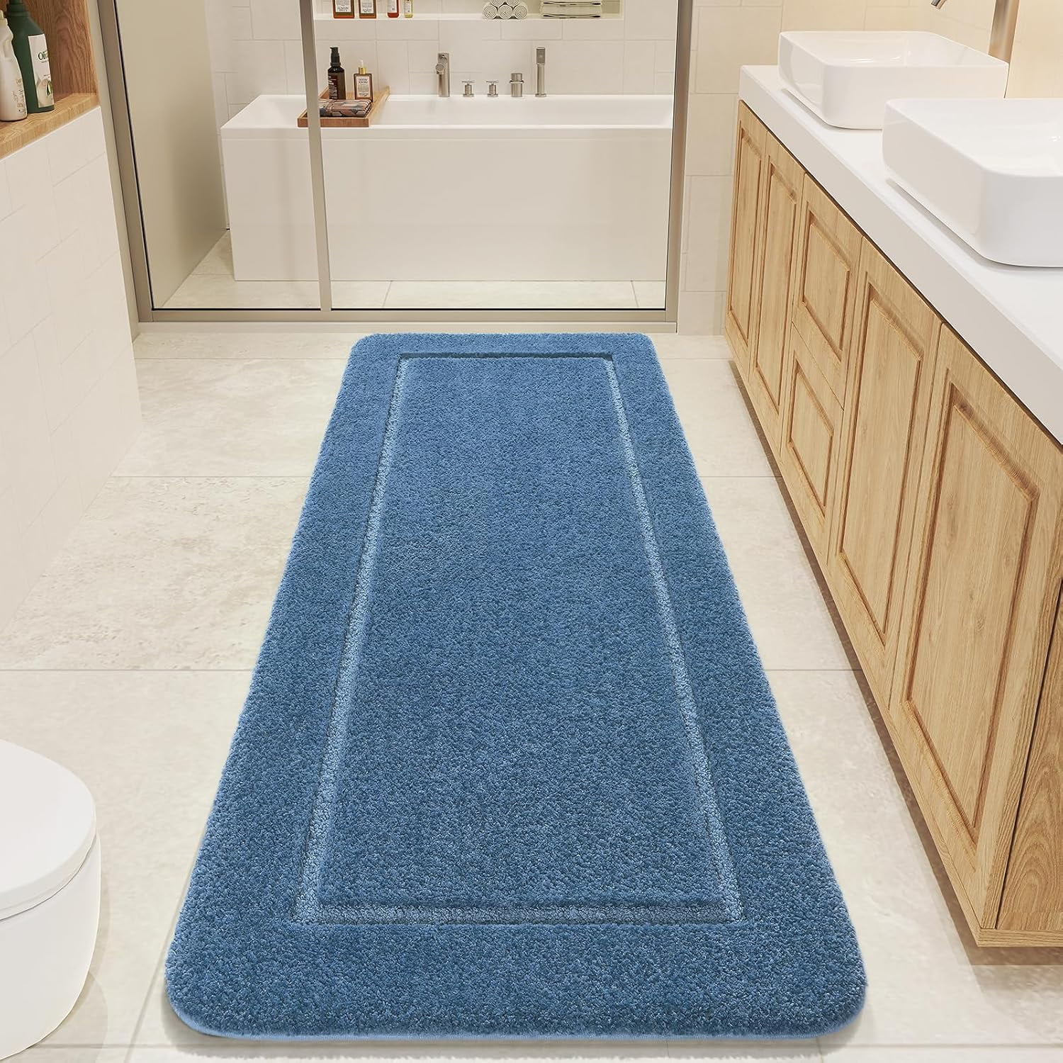 MEC Bathroom Rugs, 24" x 70" Long Bath Rug, Non Slip Washable Bathroom Runner Rug Soft Absorbent Bath Mat for Shower, Shaggy Plush Luxury Large Bath Rug, Blue