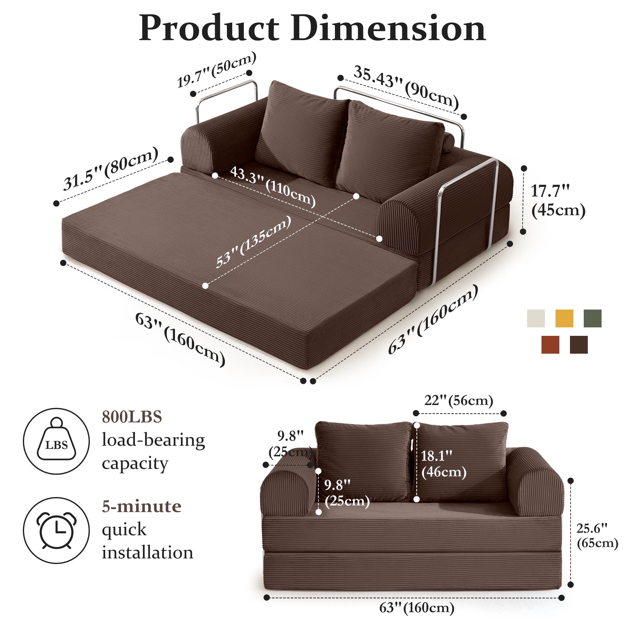 COOLHUT 63" W Convertible Sofa Bed, Foam Floor Sofa, Folding Sleeper Sofa Couch Bed with Six Frame, High Rebound Density Sofa, Corduroy Sofa Couch Bed for Living Room, Bedroom, Coffee