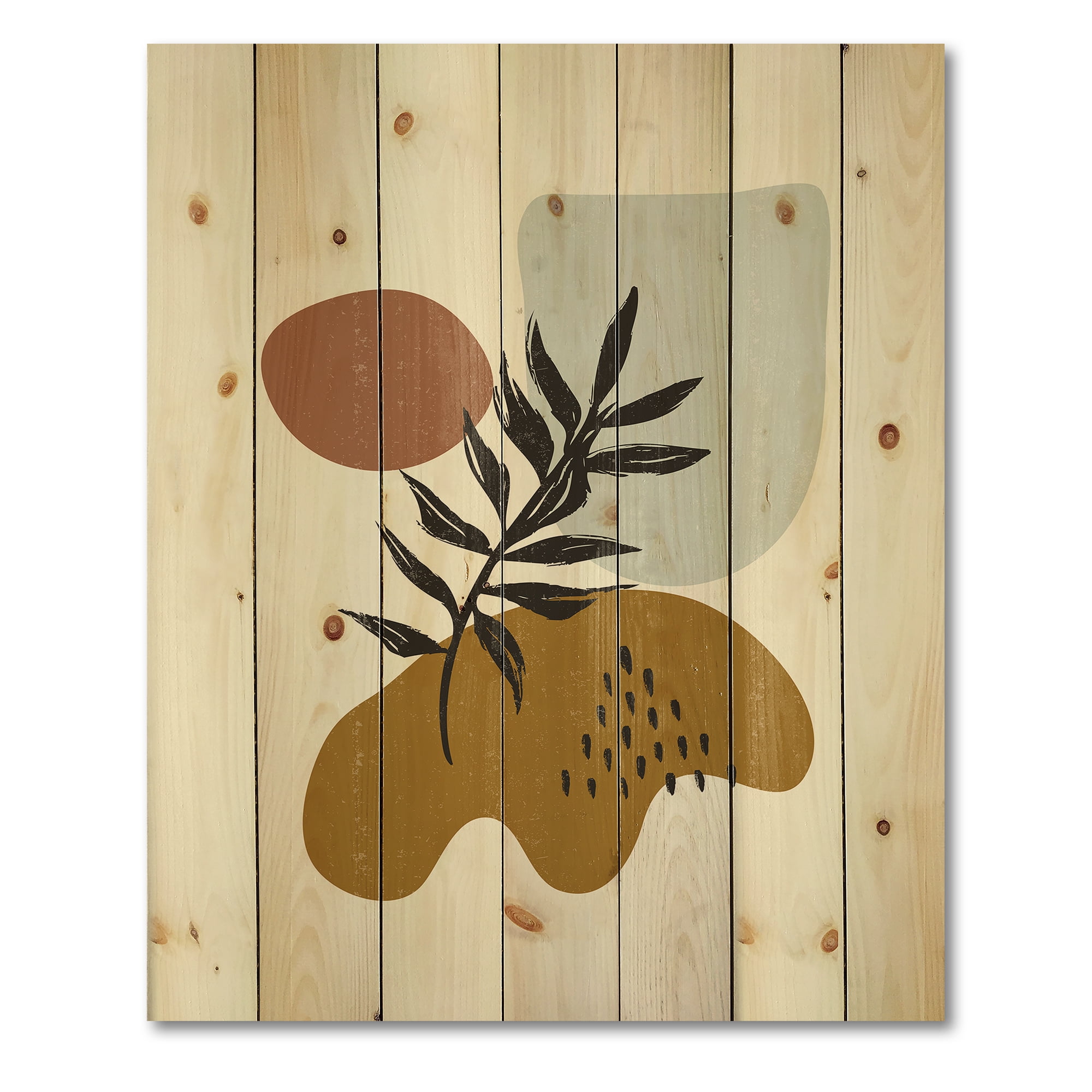 Designart 'Abstract Shapes With Botanical Minimalist Leaf II' Modern Print on Natural Pine Wood