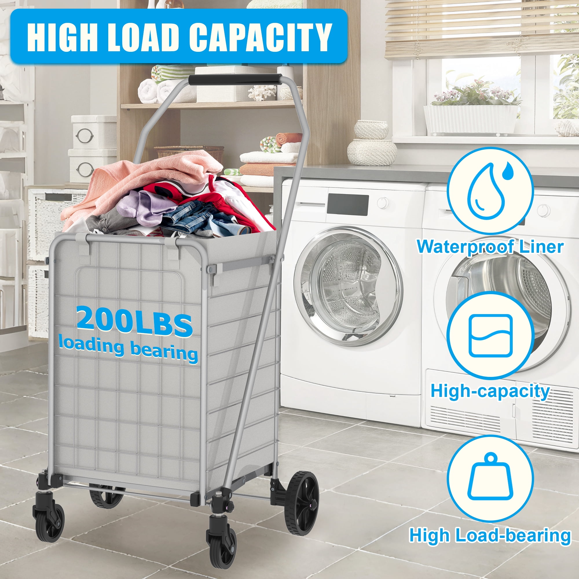 Yoneston Folding Shopping Cart with Wheels, 200 LBS Heavy Duty Grocery Cart, Collapsible Utility Cart for Laundry, Groceries, Travel, Grey