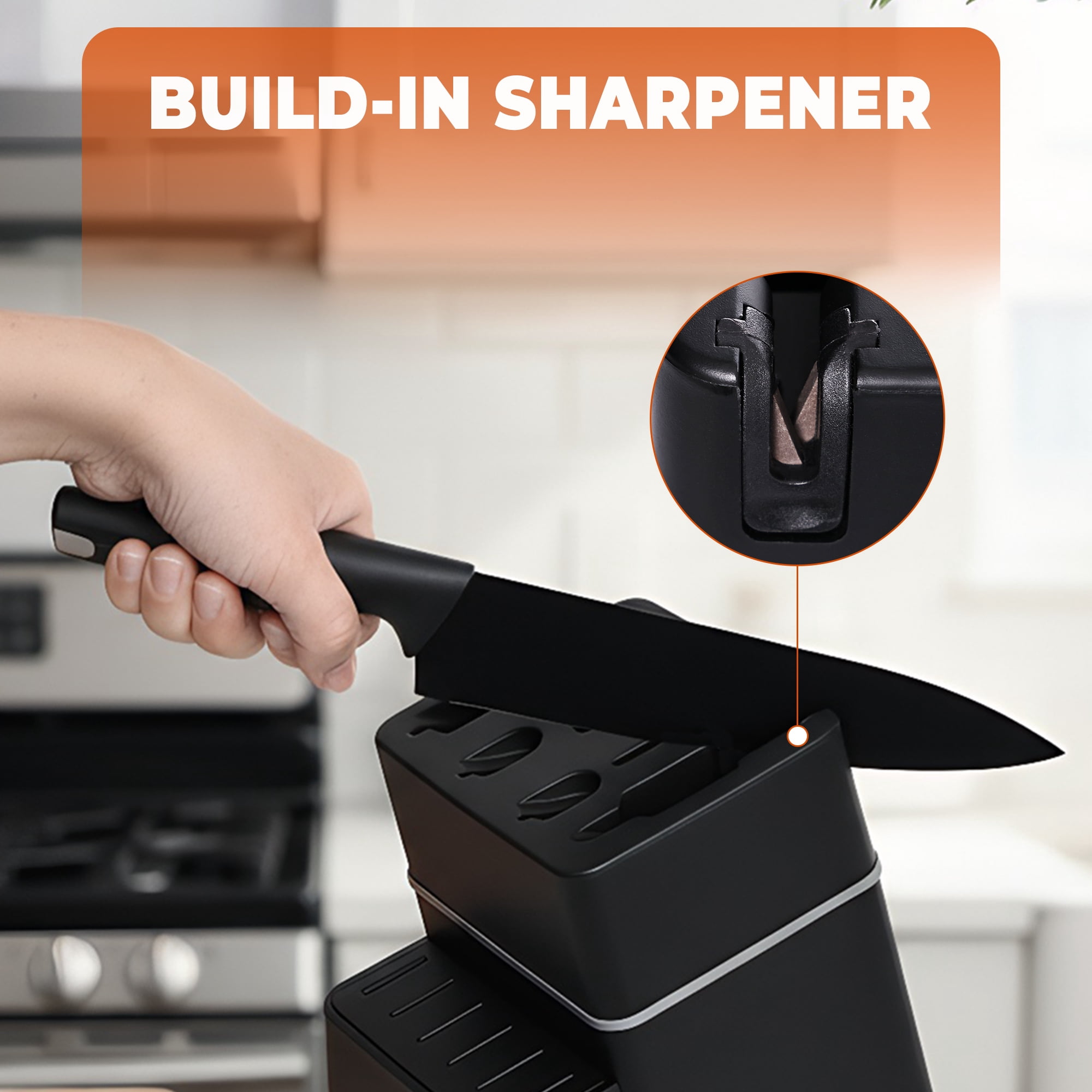 HDJ Kitchen Knife Set, 14Pcs Knife Set with Block and Built-in Sharpener, Healthy Anti-Rust Coating, Black
