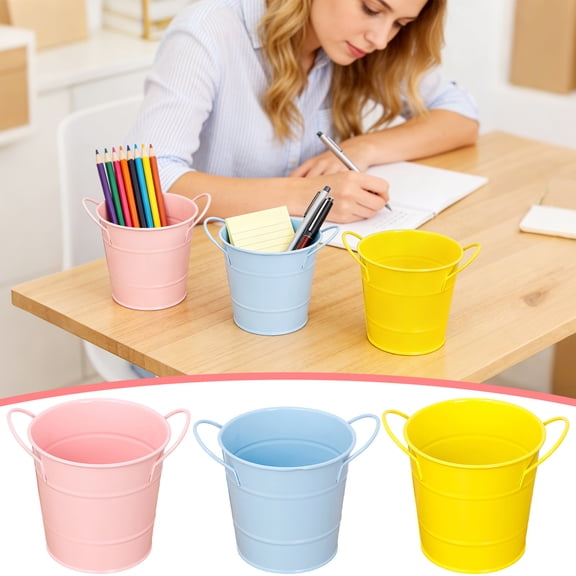 Pen Holder Metal Mini Bucket Candy Color, Iron Pail with Double Handle, Small Desk Organizer for Pens Pencils Planter by PALIFEUR