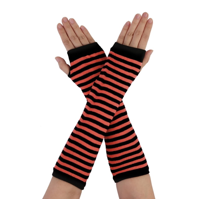 Unique Bargains Femmes Rayure Modèle Coude Longueur Bras Sans Doigts Chauffe-Gants Paire