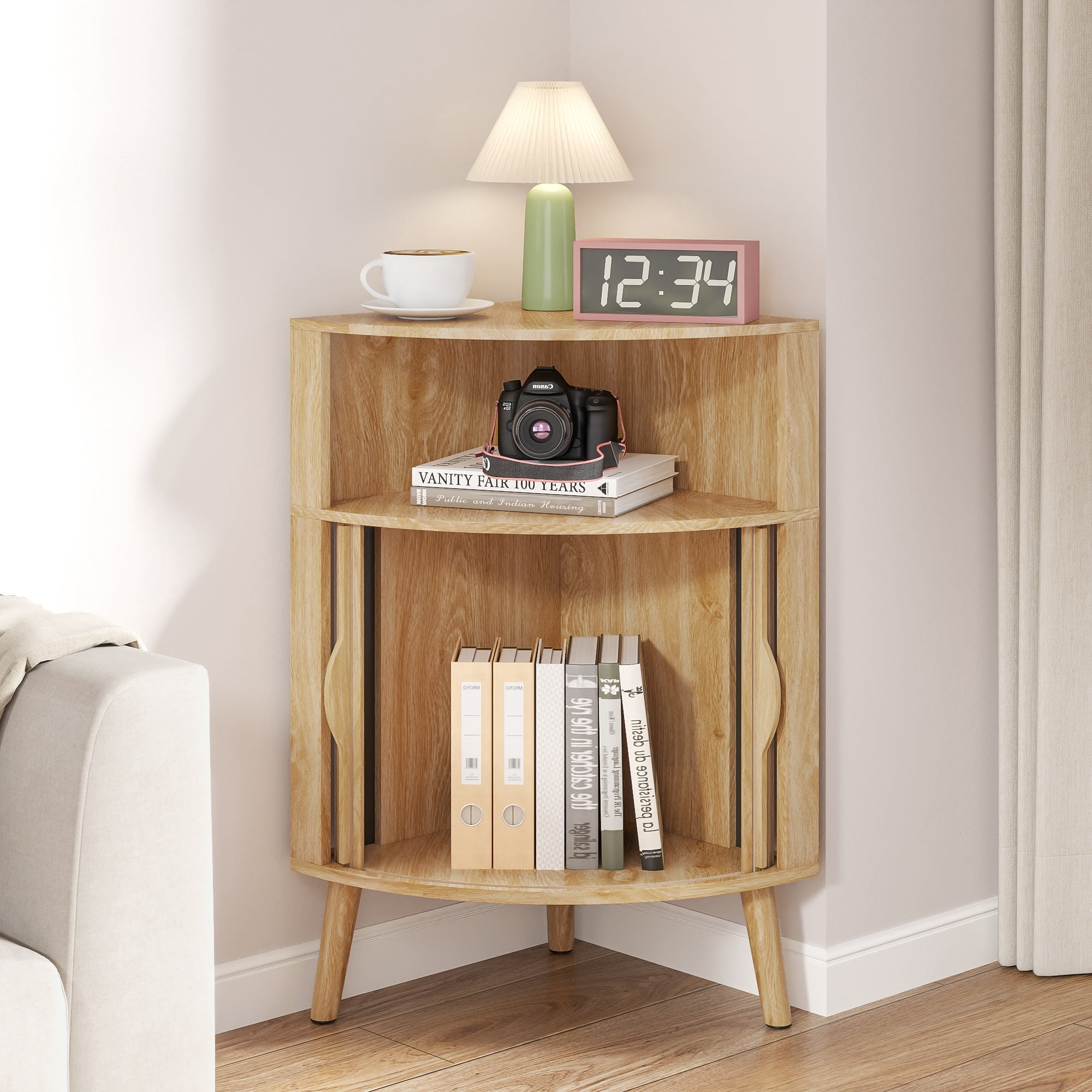 Bathroom Floor Corner Cabinet with Doors, Freestanding Narrow Storage Cabinets for Living Room, Kitchen, Wood Color