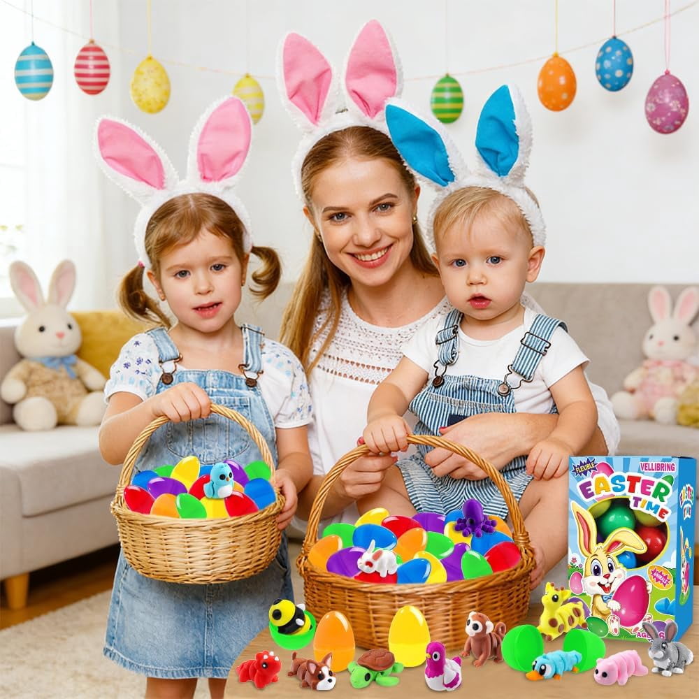 Prefilled Easter Eggs Set, 24 Count Plastic Eggs With 3D Printed Animal Toys, Basket Stuffers For Kids, Classroom Prizes, Party Favors, Assorted Colors