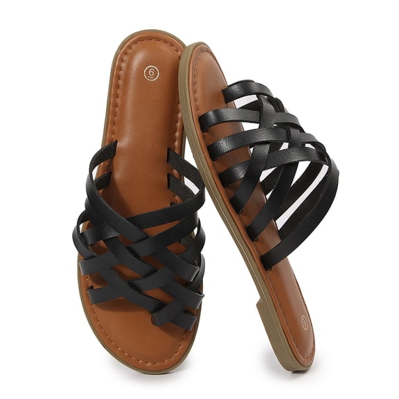 Pennysue Women Strappy Slippers Summer Black Flat Sandals Size 8