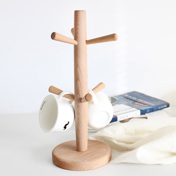 Soporte de madera con forma de árbol para secar tazas, estante de almacenamiento con 6 ganchos, colgador de drenaje para cocina y hogar