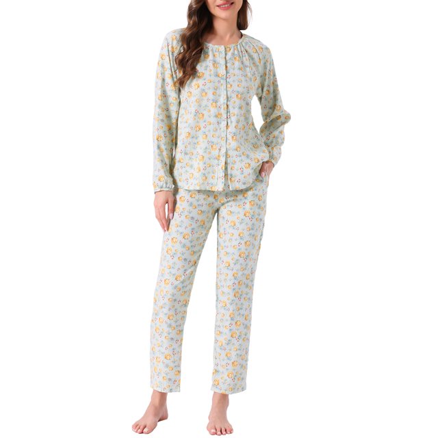 Conjunto de Pijamas para Mujeres de Manga Larga de Algodón, Botones, Cuello en U, Flores Lindas, Ropa de Casa de 2 Piezas con Bolsillo, Verde Floral