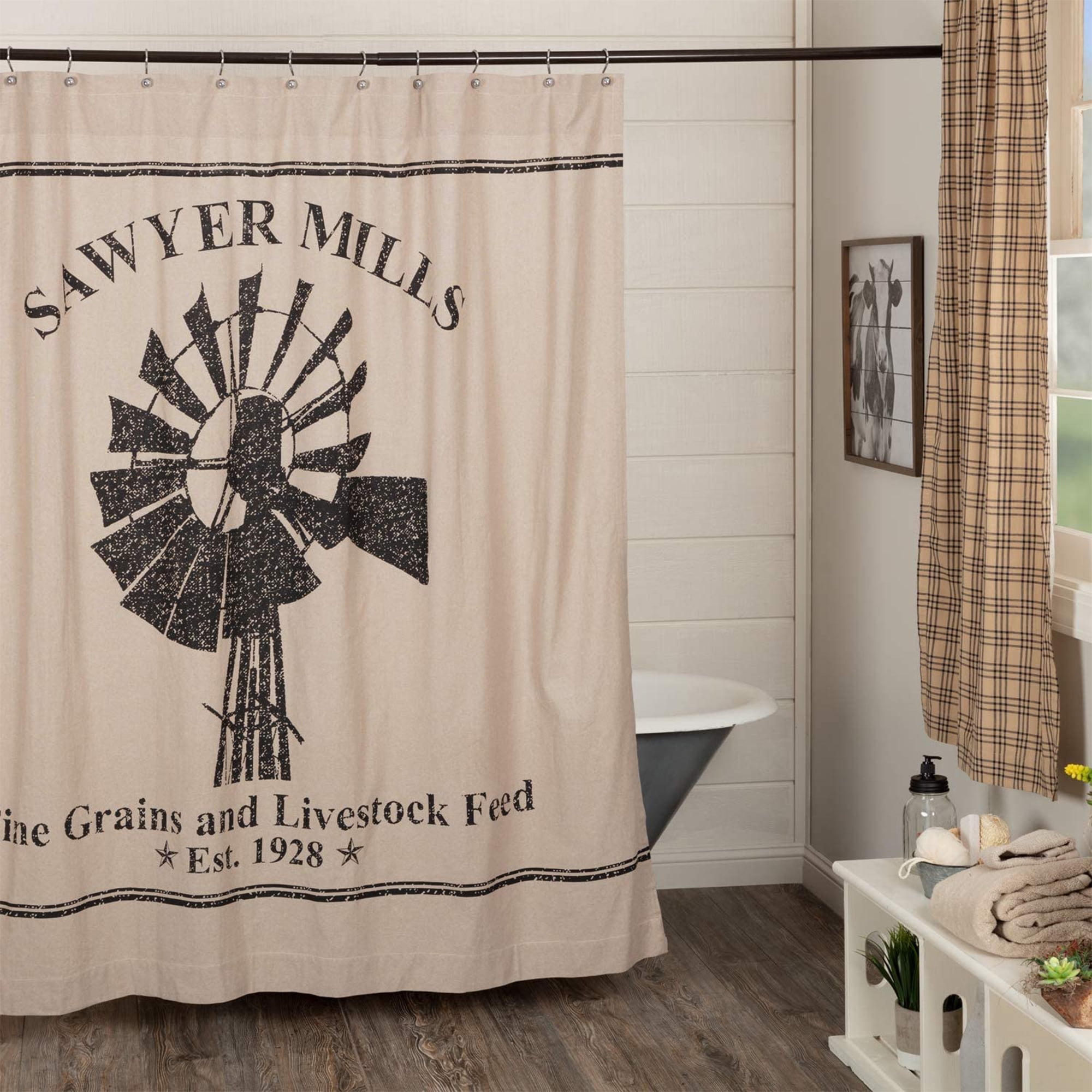 PRIMITIVE COUNTRY FABRIC SHOWER CURTAIN VHC BRANDS ~ SAWYER MILL FARMHOUSE 