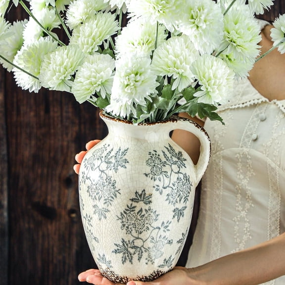 Large Blue and White Ceramic Vase with Handle, Vintage Chinoiserie Floral Vase, Decorative Home Accent for Bookshelf, Living Room, Office