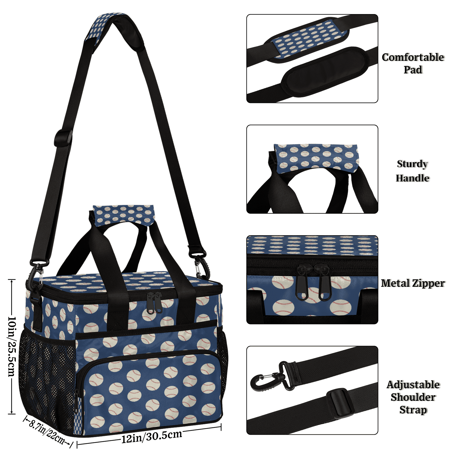 Herdesigns Baseball Navy Blue Insulated Large Lunch Bag Lunchbox Reusable Leakproof Cooler Bags with Shoulder Strap for Adult Men Women Work Picnic