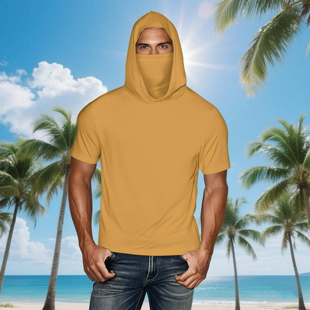 Clearance under 7!Sevevn UNISEX Summer Casual Solid Color Short Sleeve Hooded Ice Silk Sunscreen Cool Sun Protection Lightweight Tops With Face Mask Deal of the Week Yellow S
