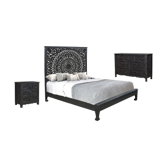 Taran Designs Gianna 3-piece Floral Carved Solid Wood Bedroom Set in Black