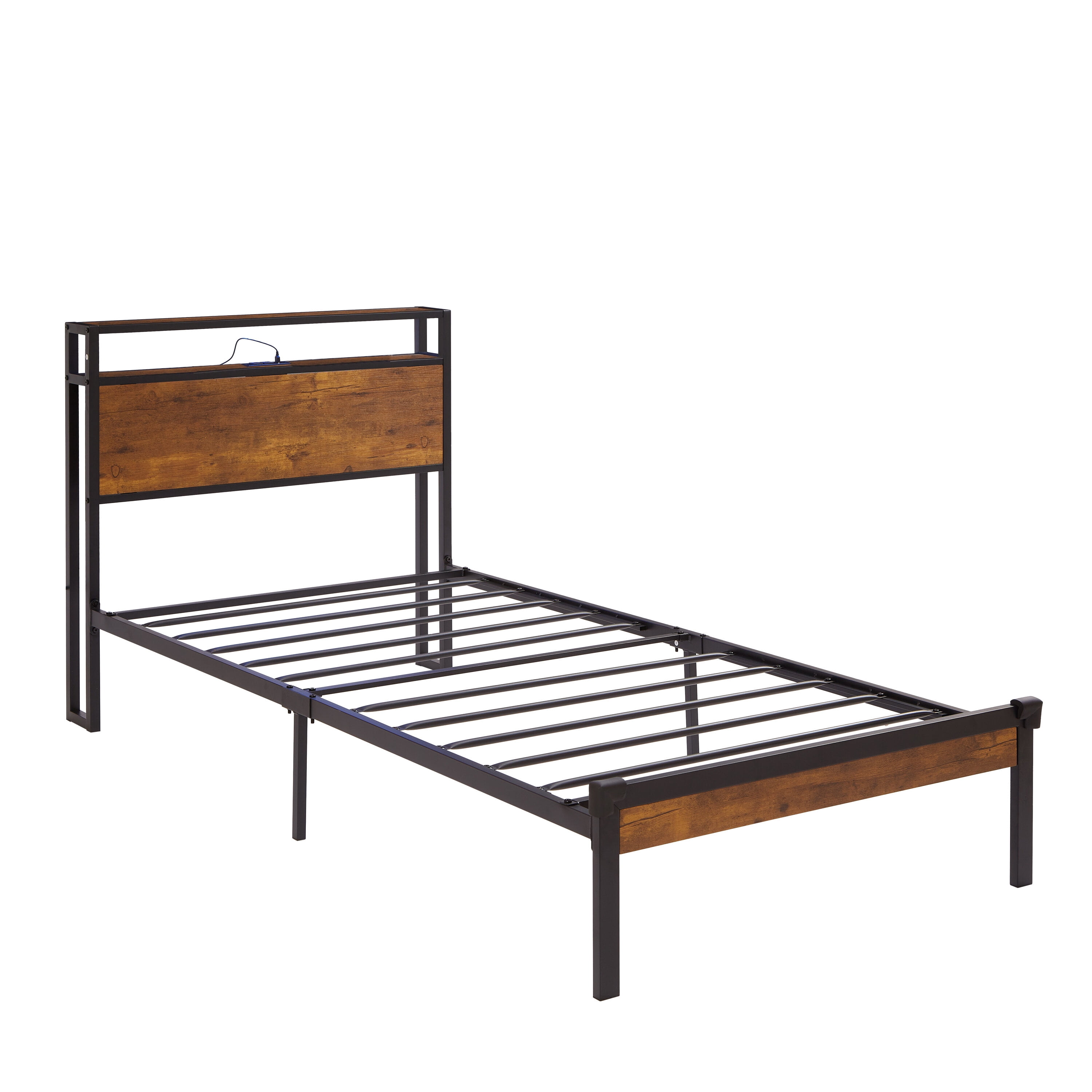 Twin Size Adjustable Bed Base, Twin Size Metal Platform Bed Frame with Wooden Headboard and Footboard with USB LINER, No Box Spring Needed, Under Bed Storage, Easy Assemble, Black+Brown Bed Frames