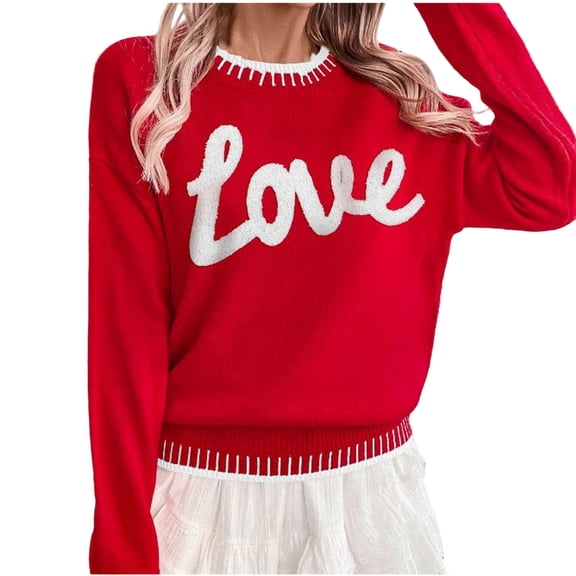 Erwazi Women Valentine's Day Love Letter Sweaters Oversize Pullover Valentine Crew Neck Outfits Tops
