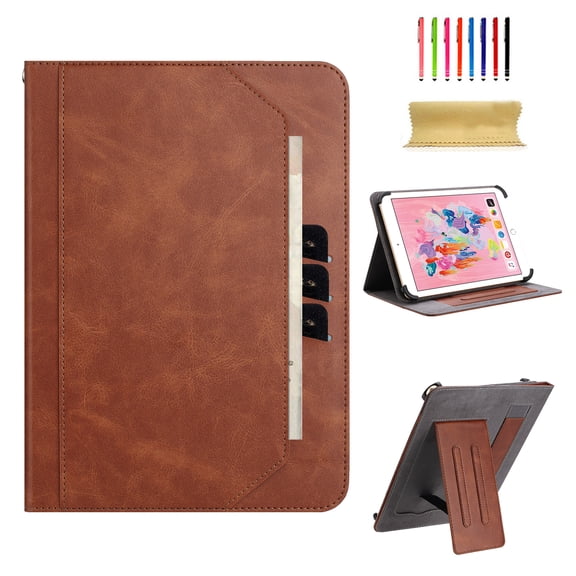 TECH CIRCLE for 10/10.1/10.3/10.4/10.5 Inch Tablet Android 11/12/13/14 Tablet Universal Case with Stand (Portrait/Landscape Viewing Angles)/Hand Strap/Pocket/Card Slots, PU Leather Folio Case, Brown