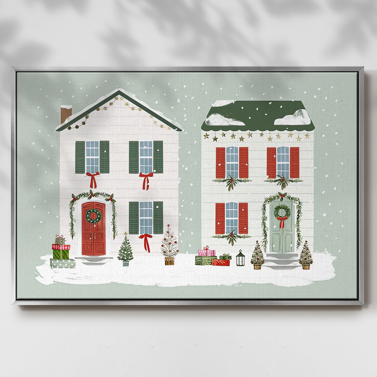 Festive Front Door Collection A - Framed Gallery Wrapped Holiday Canvas - 27 x 41 - Silver Frame