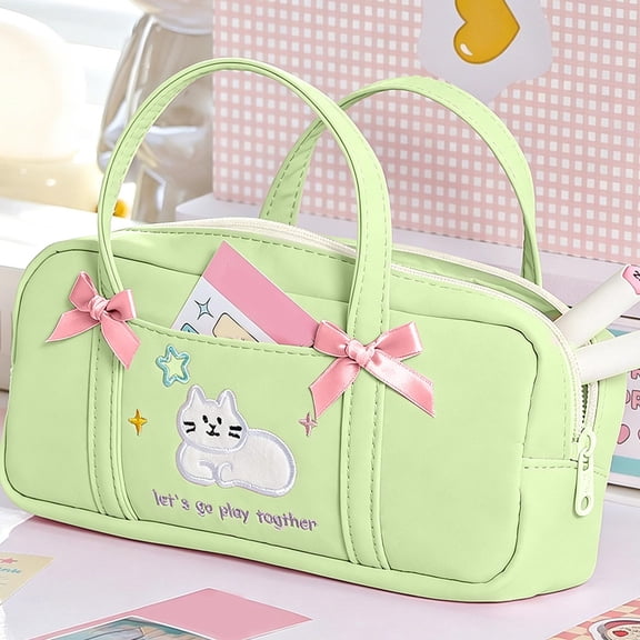 Hyknon Large Capacity Pencil Case Pen Pouch, Multi-layered Pencil Holder with Handle Bow, Cute Stationery Bag with Zipper, Cats Pen Pouch for Women Adult, Fashion Storage Organizer for College, Green