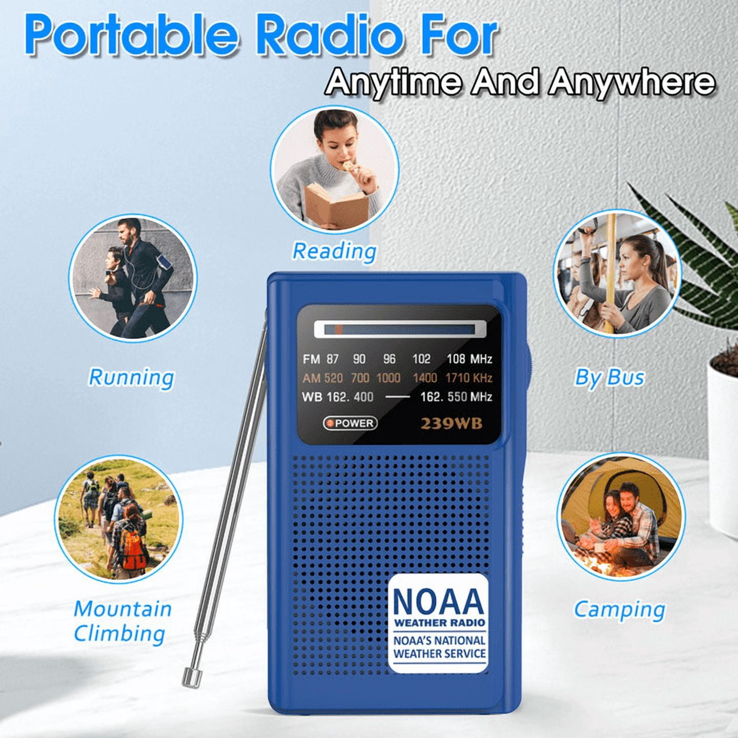 Jazmm NOAA Weather Radio, Battery Operated Transistor Radio with 3.5mm Stereo Earphone Jack, Best Reception, Powered by 2 AA Batteries for Emergency, Outdoor & Home Use (Blue)