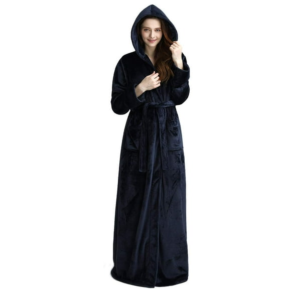 iCREAT Womens Long Hooded Bathrobe Fleece Full Length Bathrobe with Hood Winter Sleepwear, Navy-XL