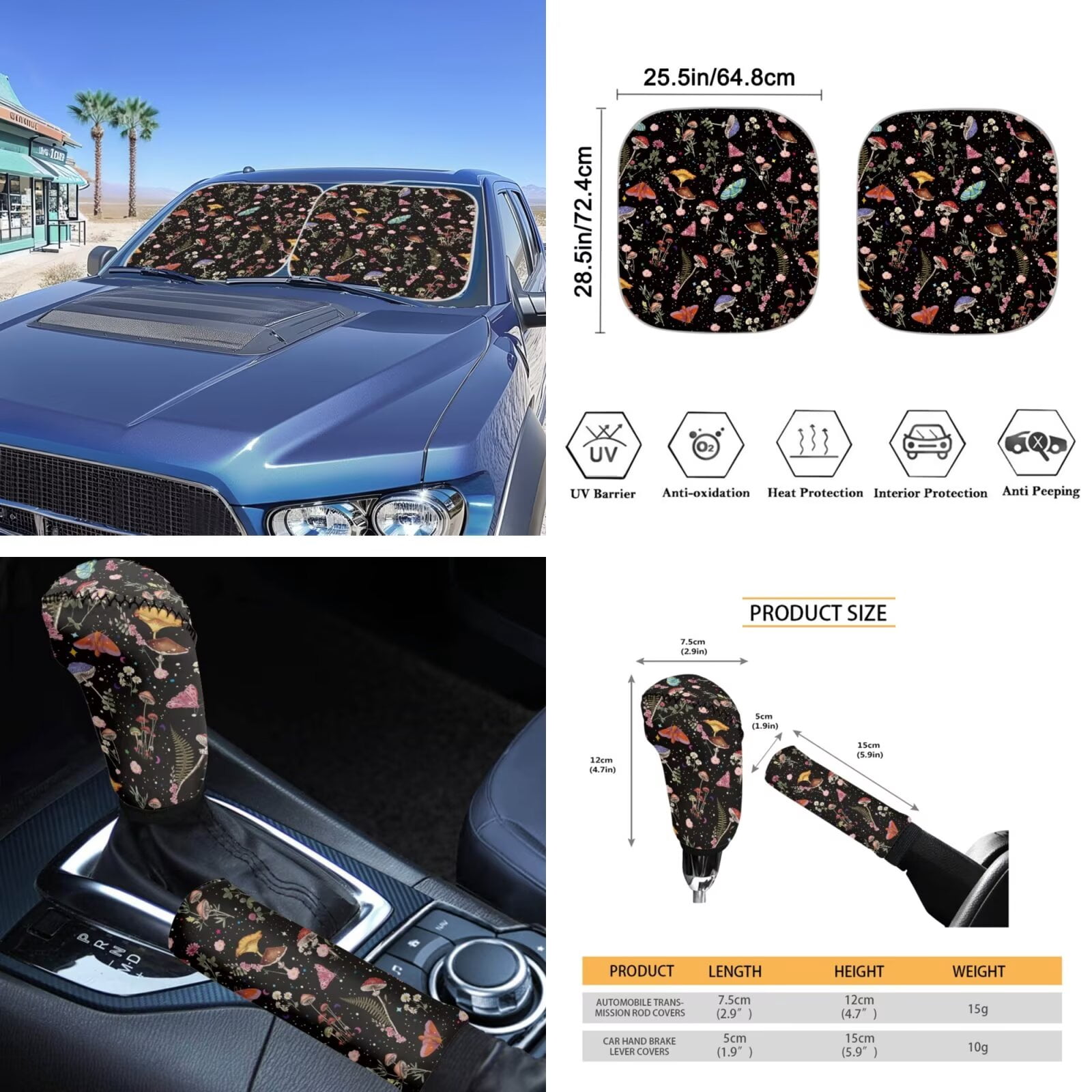 Garronmavis Aesthetic Mushroom 16 Pcs Car Accessories Set Car Seats Belts Shoulder Pad Covers Keychain Gear Shifting Knob Cover Cup Mats Front Window Sunshade Rearview Mirror Cover