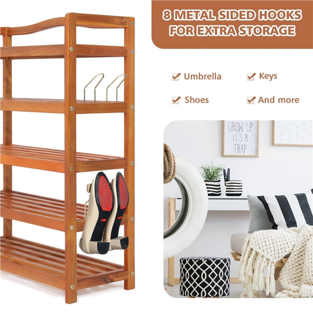 Spaco 5-Tier Acacia Wood Shoe Rack with Side Metal Hooks, Shoe Storage Organizer for Entryway & Closet