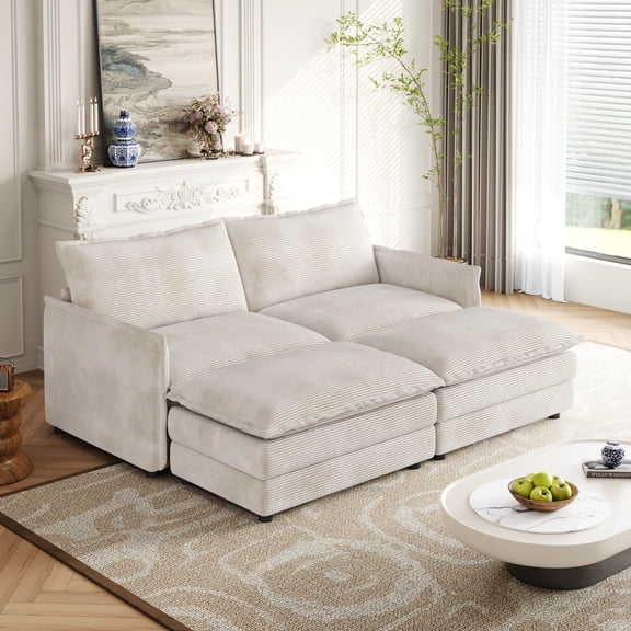 Corduroy Fabric 2-Seater Comfortable Cloud Sofa with 2 Movable Footrests for Living Room, Oversized Deep-Seat Recliner, Upholstered Large-Size Deep-Seat Sofa with 2 Cushions (Beige)