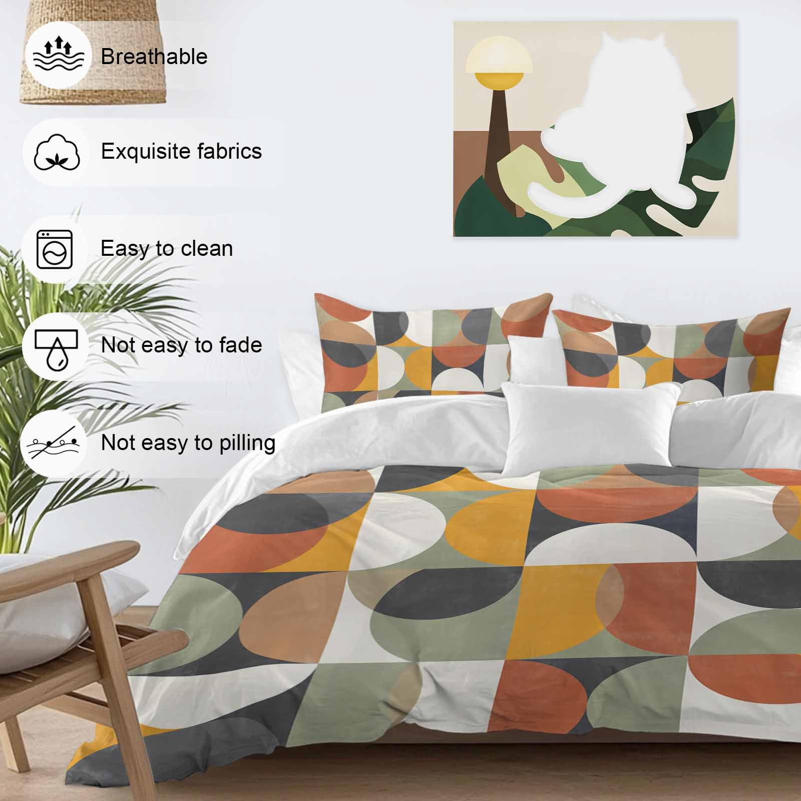 Mid-Century Modern Duvet Cover Set King Size, Abstract Geometric Semicircle Green 4 Piece Soft Microfiber Bedding Set with 1 Duvet Cover, 1 Flat Sheet, 2 Pillowcases