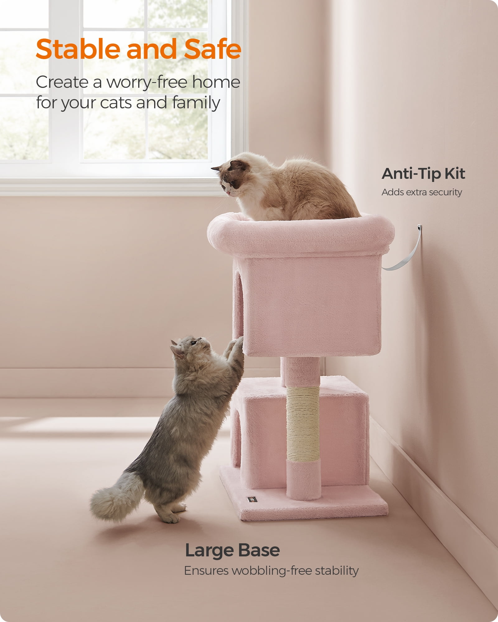 Cat Tree 33.1-Inch Cat Tower for Large Cats up to 16 lb, Large Perch, 2 Cat Caves, Scratching Post, Pink