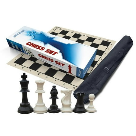 Premium Chess Set for Schools, Clubs and Tournaments, Triple Weighted Chess Pieces (2 extra Queens), Black Roll-Up Vinyl Chess Board, Black Canvas Tote Bag and Instructions on How to Play