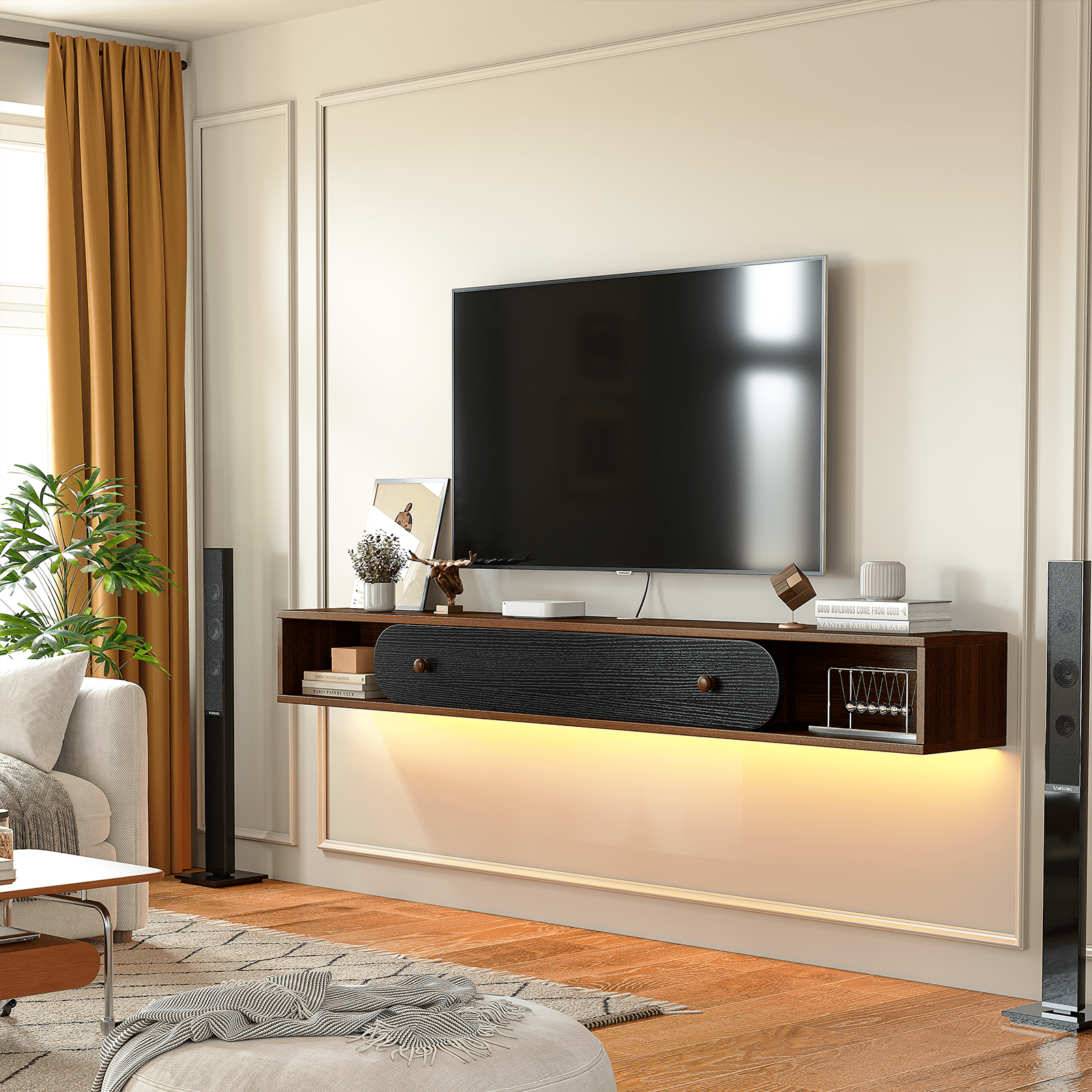 FloatiCasa 47" Wood Grain Floating TV Stand Wall-Mounted Entertainment Center for TVs up to 50" Floating Media Console
