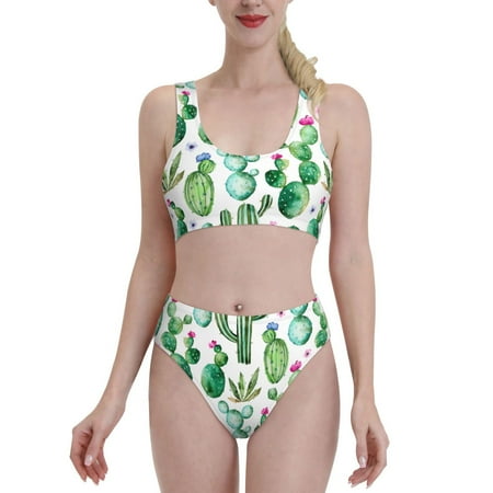 Bixox Cactus Plants1 Pattern Two-Piece Sports Bikini with U-Shaped Top and High-Waist Bottom - Women s Swimwear with Removable Bra Pads