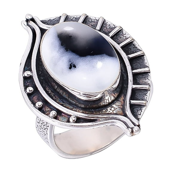 Merlinite Dendritic Opal -Brazil 925 Sterling Silver Ring V2418, Adjustable Ring, Dendritic Agate Ring, Black & White Ring, Gift For Her Ring, Wedding