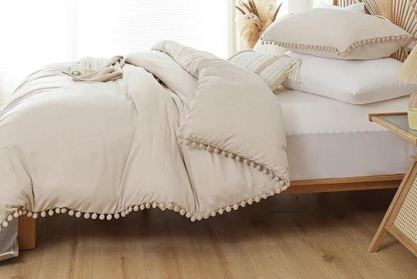 Pompom Cotton Duvet Cover Beige 3 Piece - Ultra Soft And Easy Care Bedding Set Organic Boho Bedding Twin, Duvet Cover Set of Duvet