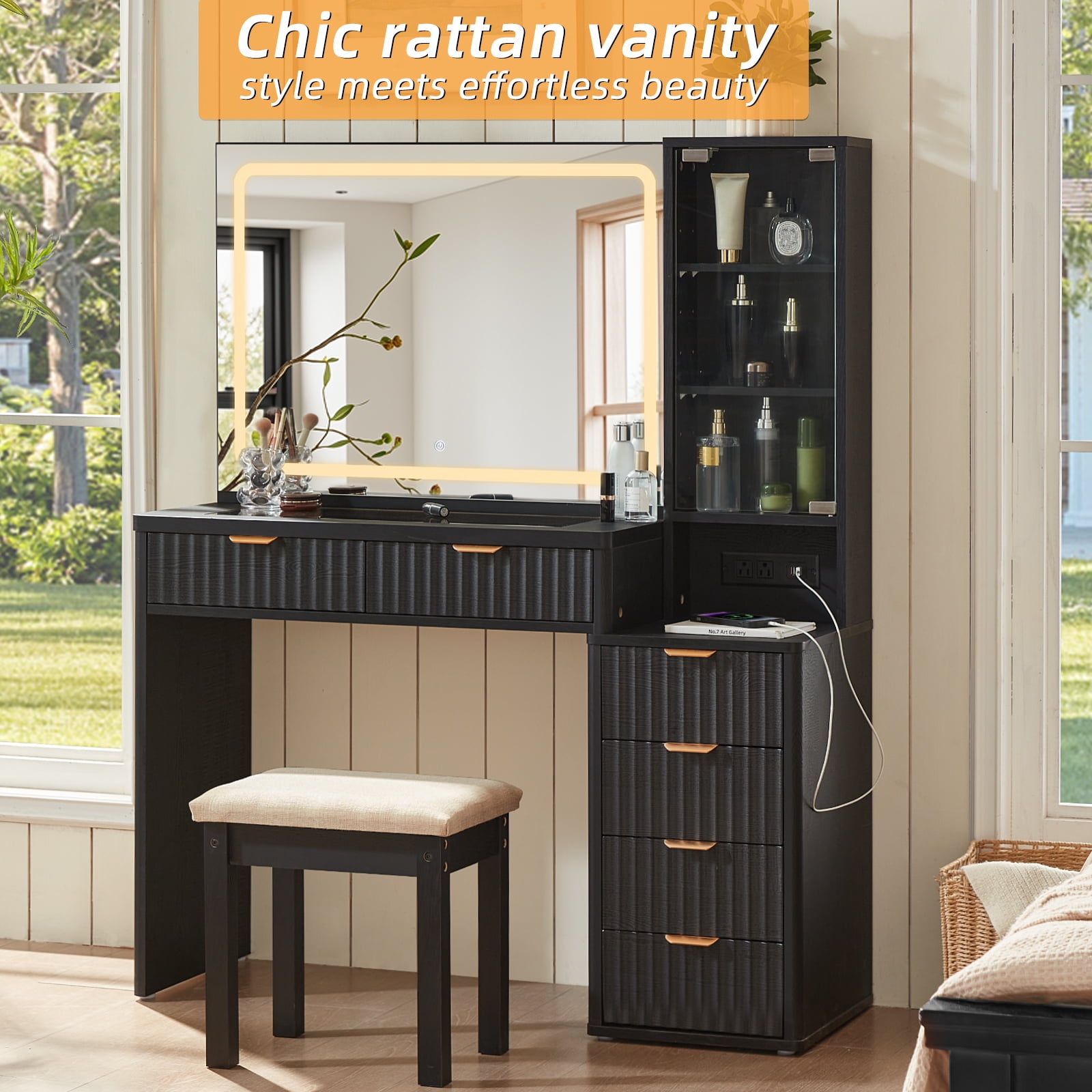Fluted Makeup Vanity Set with 3 Color Lighted Mirror & Charging Station, Dressing Table w/ 6 Drawers for Femal Gift, Black