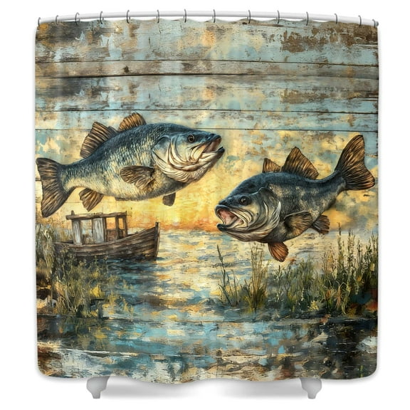 Gone Fishing Shower Curtain,Vintage Summer Lake Bass Bathroom Decor,Rustic Wood Fishing Cabin Bathtub Curtain with Hooks,69X70 in