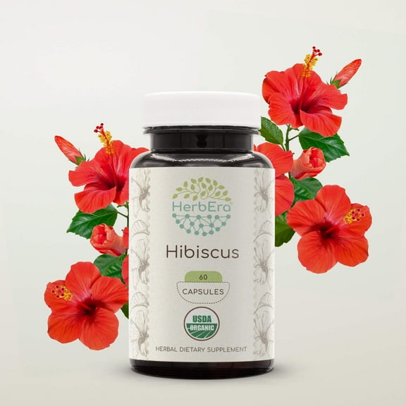 HerbEra Hibiscus Capsules, Organic Herbal Dietary Supplement for Antioxidant Support, Certified Organic Hibiscus (Hibiscus Sabdariffa) Dried Flower Capsules, Natural, 60 Capsules