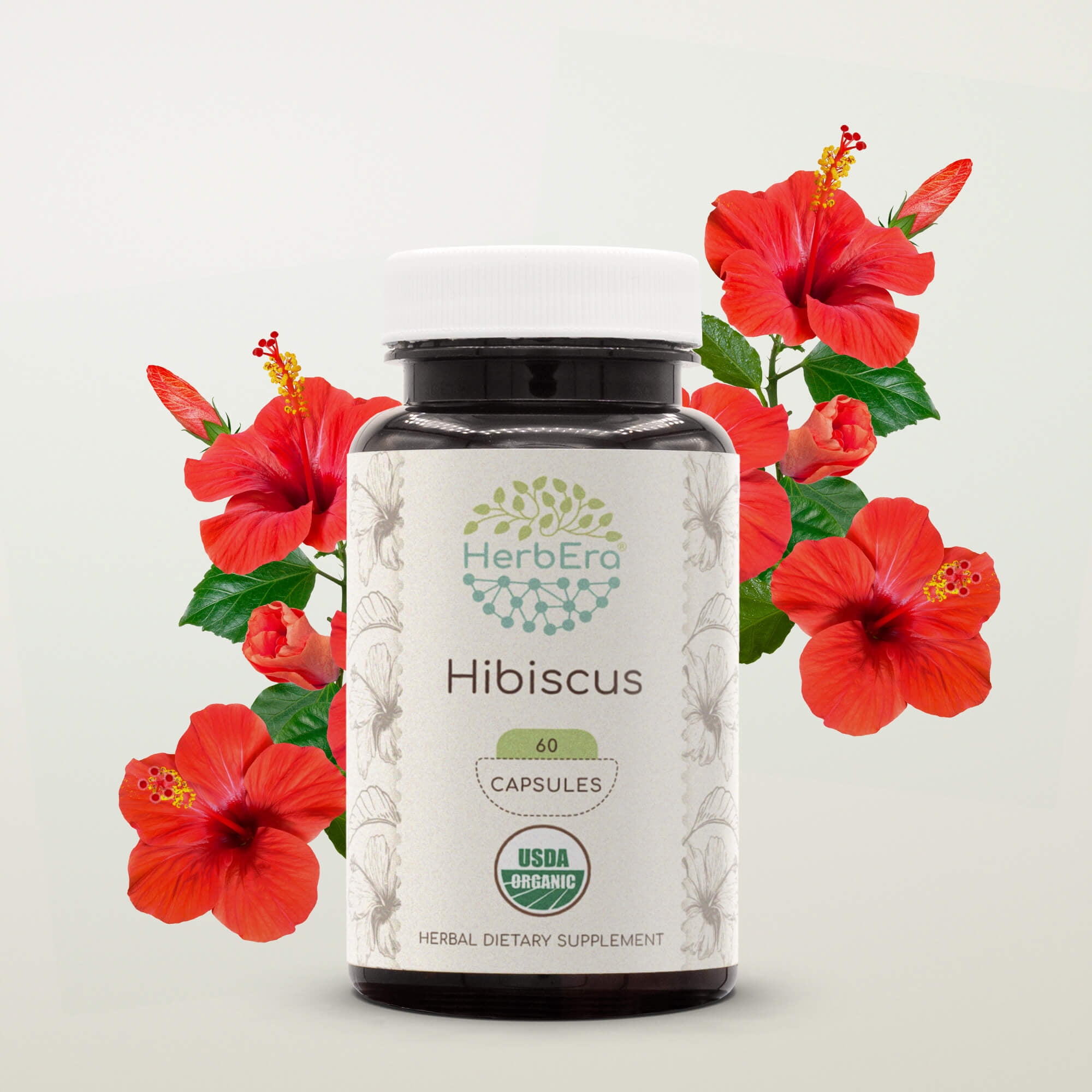 HerbEra Hibiscus Capsules, Organic Herbal Dietary Supplement for Antioxidant Support, Certified Organic Hibiscus (Hibiscus Sabdariffa) Dried Flower Capsules, Natural, 60 Capsules