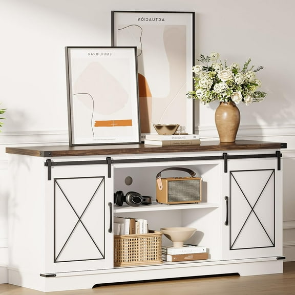 Juiluna Farmhouse TV Stand and Entertainment Center for Tv up to 65 inches with Sliding Barn Doors, Tv Media Console Table with Storage Cabinet for Living Room, White & Brown