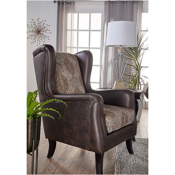 JERFIT Brown Wingback Chair, Traditional Faux Leather and Jacquard Fabric Upholstered Accent Armchair for Living Room, Den