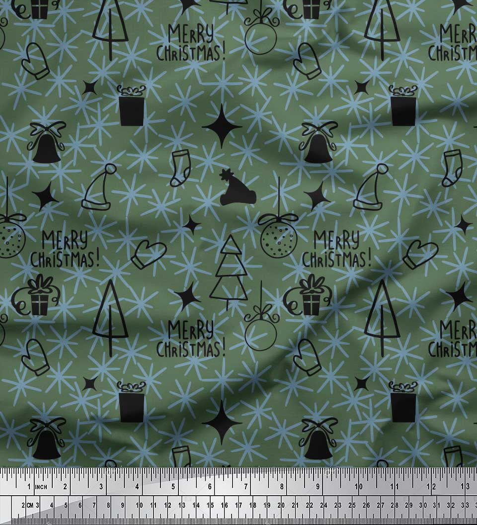 Soimoi Green Cotton Duck Fabric Snowflake,Ornament & Tree Christmas Printed Craft Fabric by the Yard 42 Inch Wide