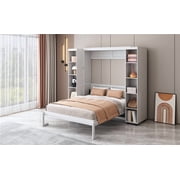 Mintazer Queen Murphy Bed with Pull-Out Storage Cabinets, Modern Foldable Wall Bed with Storage Doors for Bedroom Apartment Guest Room, White