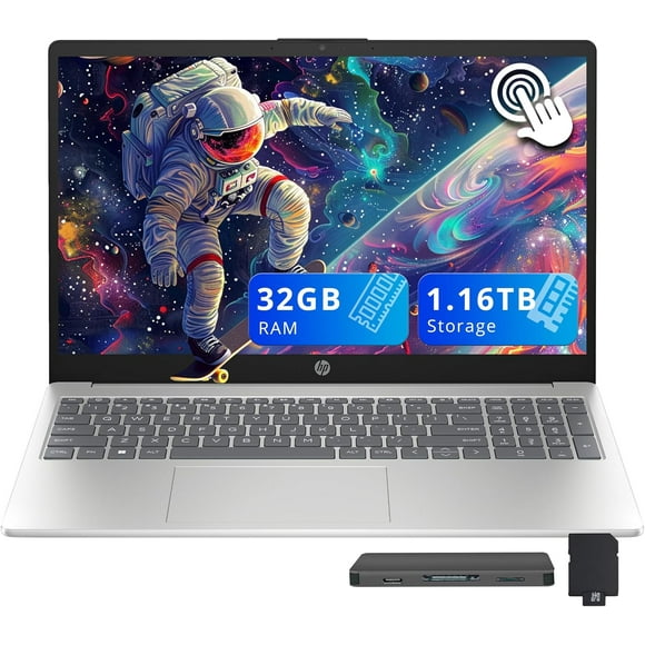 HP 15.6" HD Touchscreen Laptop, Intel i3-1315U, 32GB RAM, 1.16TB Storage(1TB SSD + 160GB Docking Station Set), Intel UHD Graphics, Full Size Keyboard, HD Camera, Wi-Fi 6, Windows 11, Silver